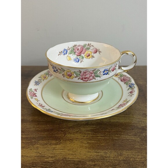Vintage Floral Mint Green Adderley Bone China Cup and Saucer Cottagecore Classic - Picture 1 of 16
